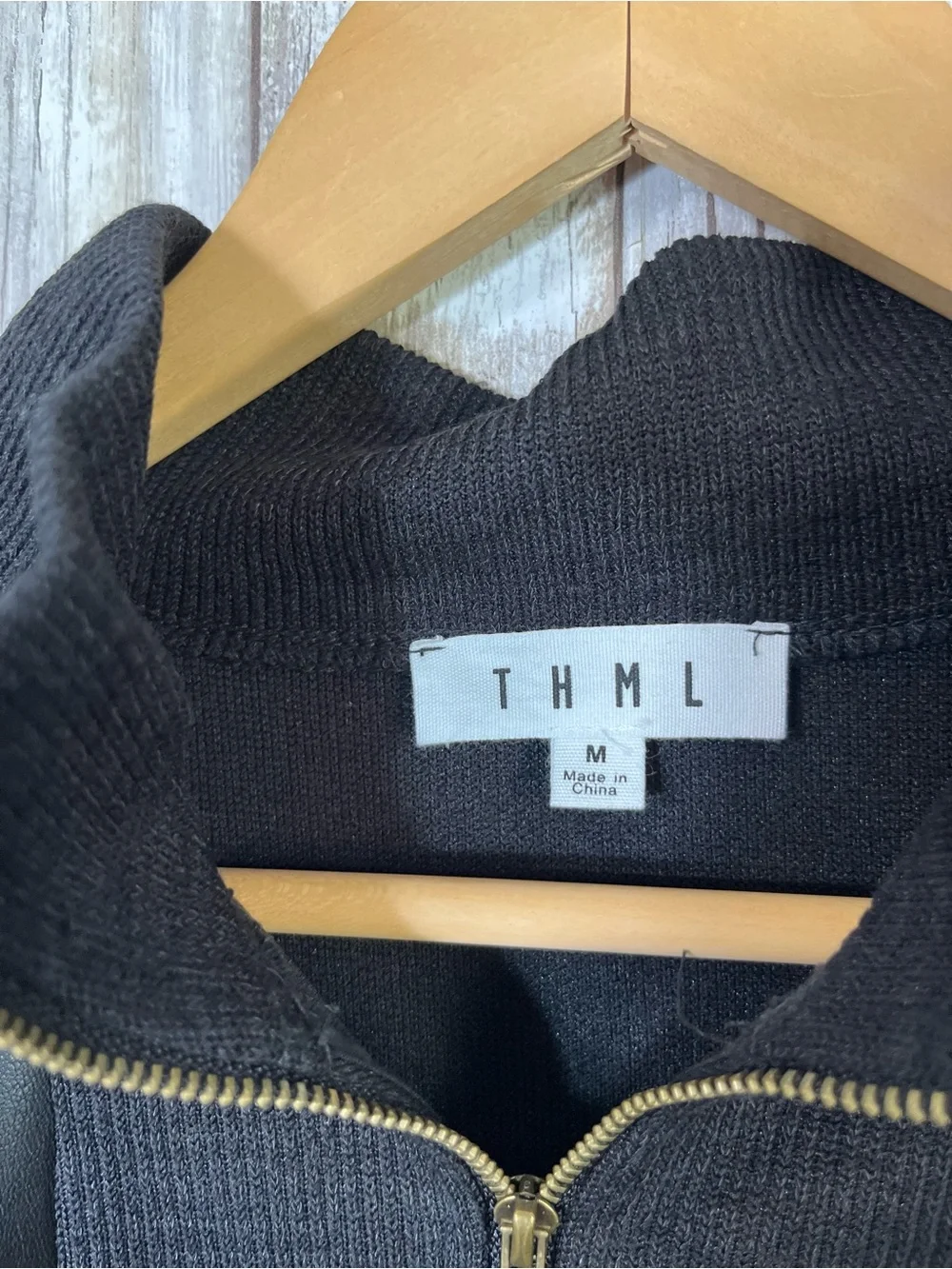THML Faux Leather Sleeve Pullover Black Half Zip Sweatshirt Top M - Picture 5 of 5